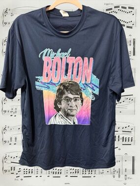 C2Sport women’s size large T-shirt Michael Bolton mystery man with glasses blue